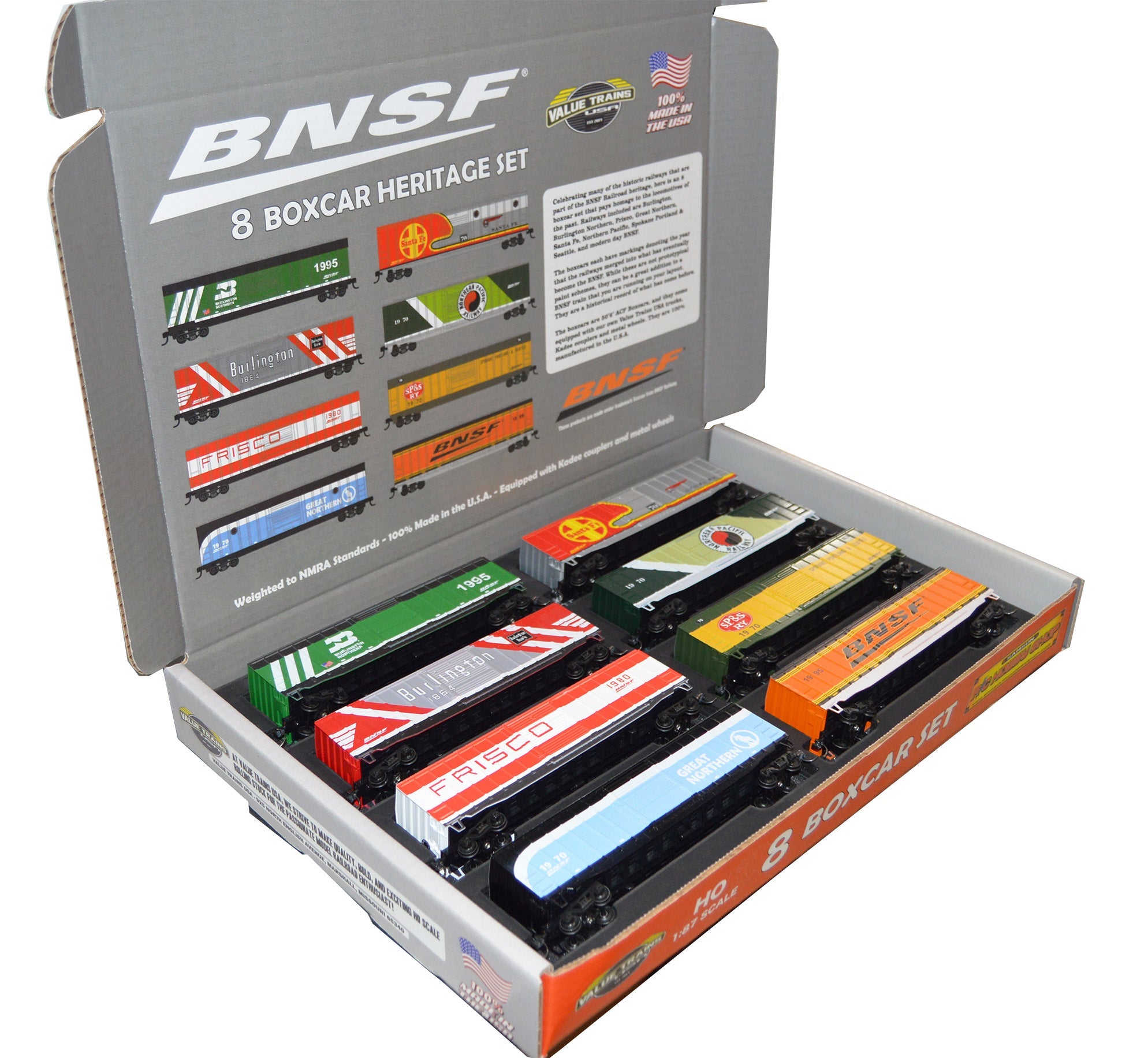 Value Trains USA HO 10205 Boxcar Heritage Set, Burlington Northern Santa Fe (8-Pack)