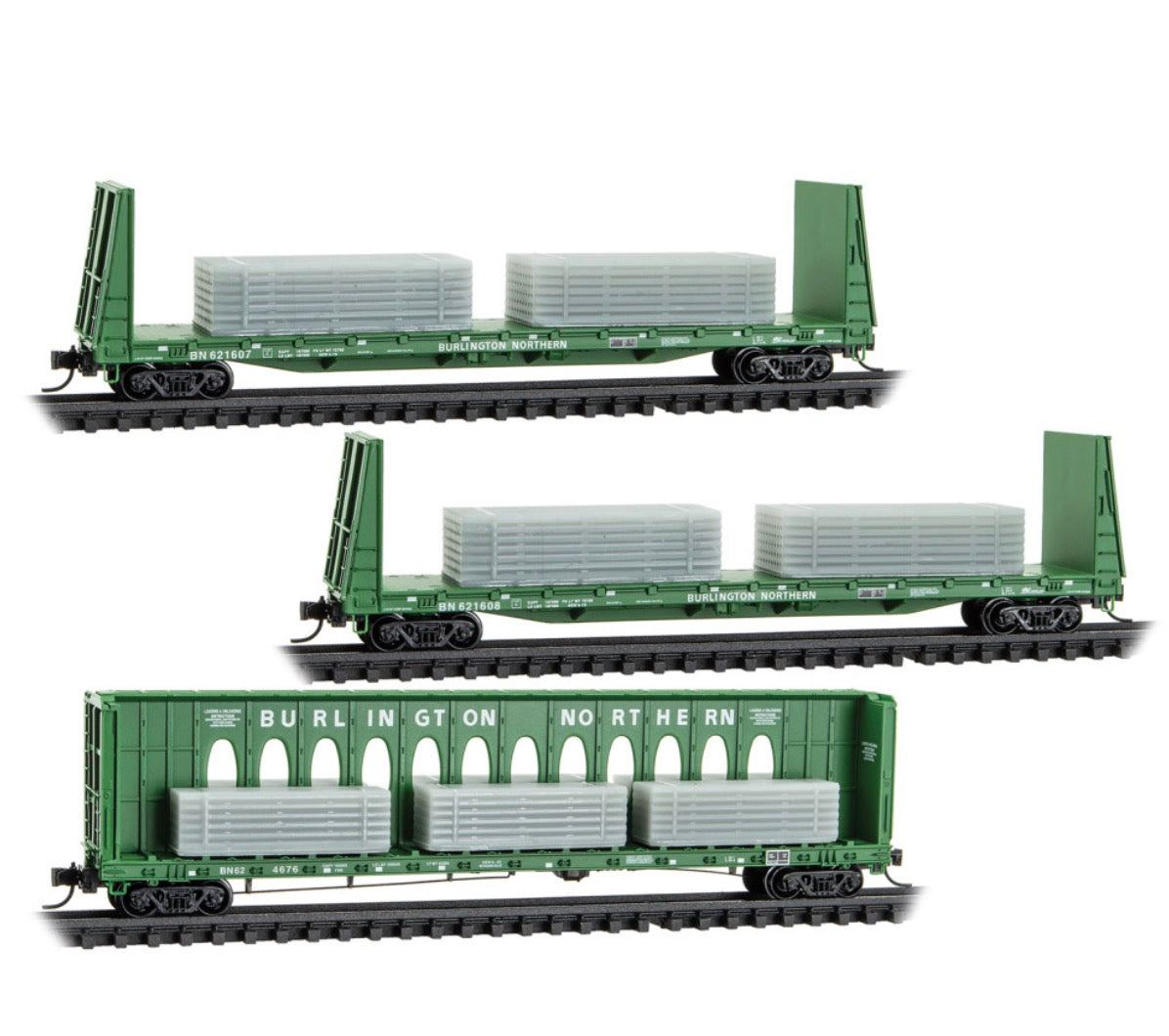 Micro-Trains N 983 02 261 60' Centerbeam & 2 61'8" Bulkhead Flatcars with Ingot Load, Burlington Northern #624676, 621607, 621608