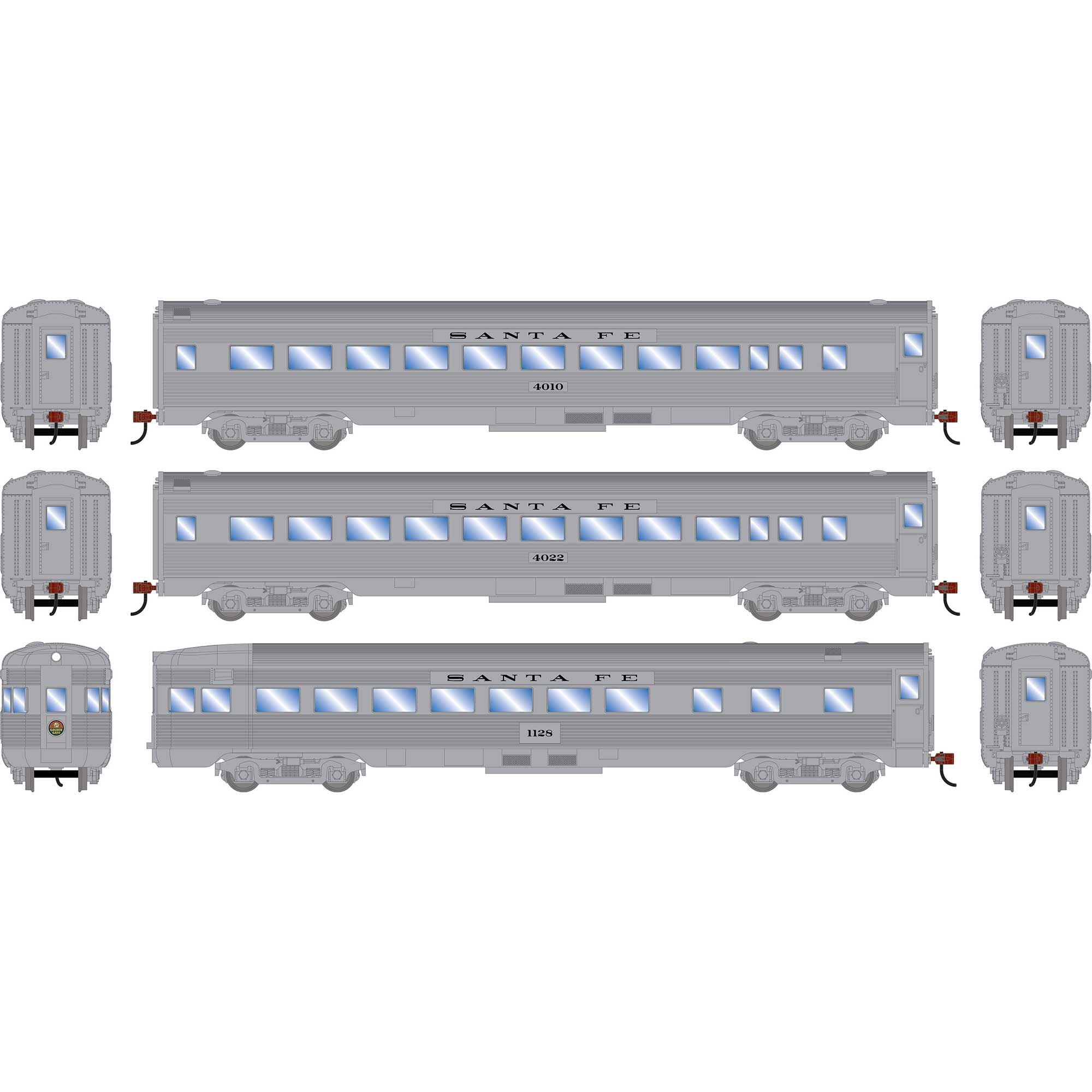 PREORDER Roundhouse HO 3522 Streamline Car Set, Atchison Topeka & Santa Fe #4010 Coach/4022 Coach/1122 Observation (3-Pack)