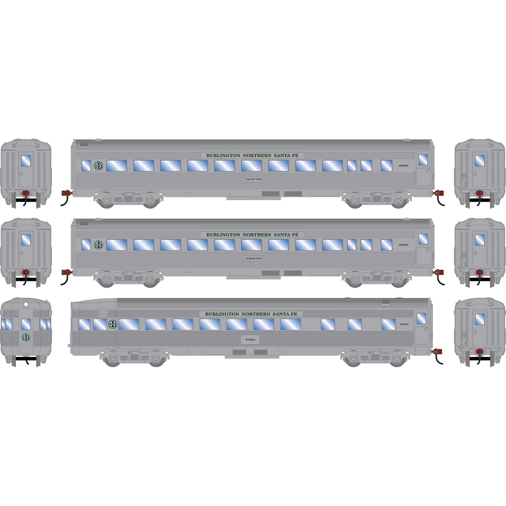PREORDER Roundhouse HO 3526 Streamline Car Set, Burlington Northern Santa Fe #29 Valley View Coach/64 Marias Pass Coach/6 TopekaObservation (3-Pack)