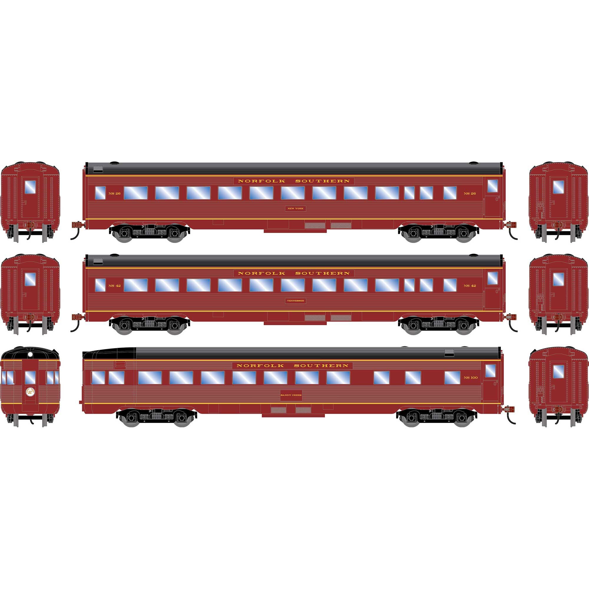 PREORDER Roundhouse HO 3530 Streamline Car Set, Norfolk Southern #26 New York Coach/42 Tennessee Coach/100 Sandy Creek Obsrvation (3-Pack)
