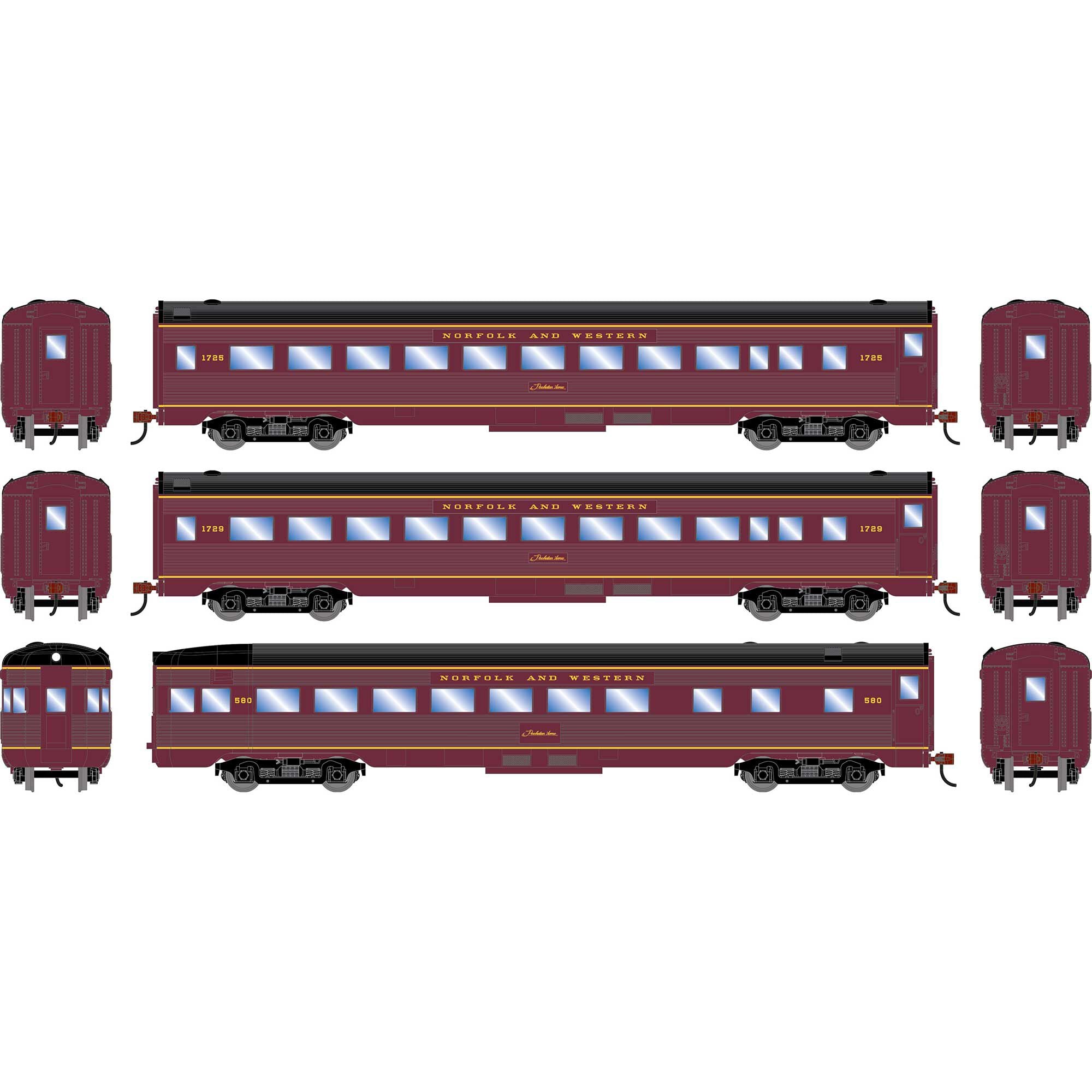 PREORDER Roundhouse HO 3534 Streamline Car Set, Norfolk & Western Coach #1725/Coach #1729//Observation #580 (3-Pack)