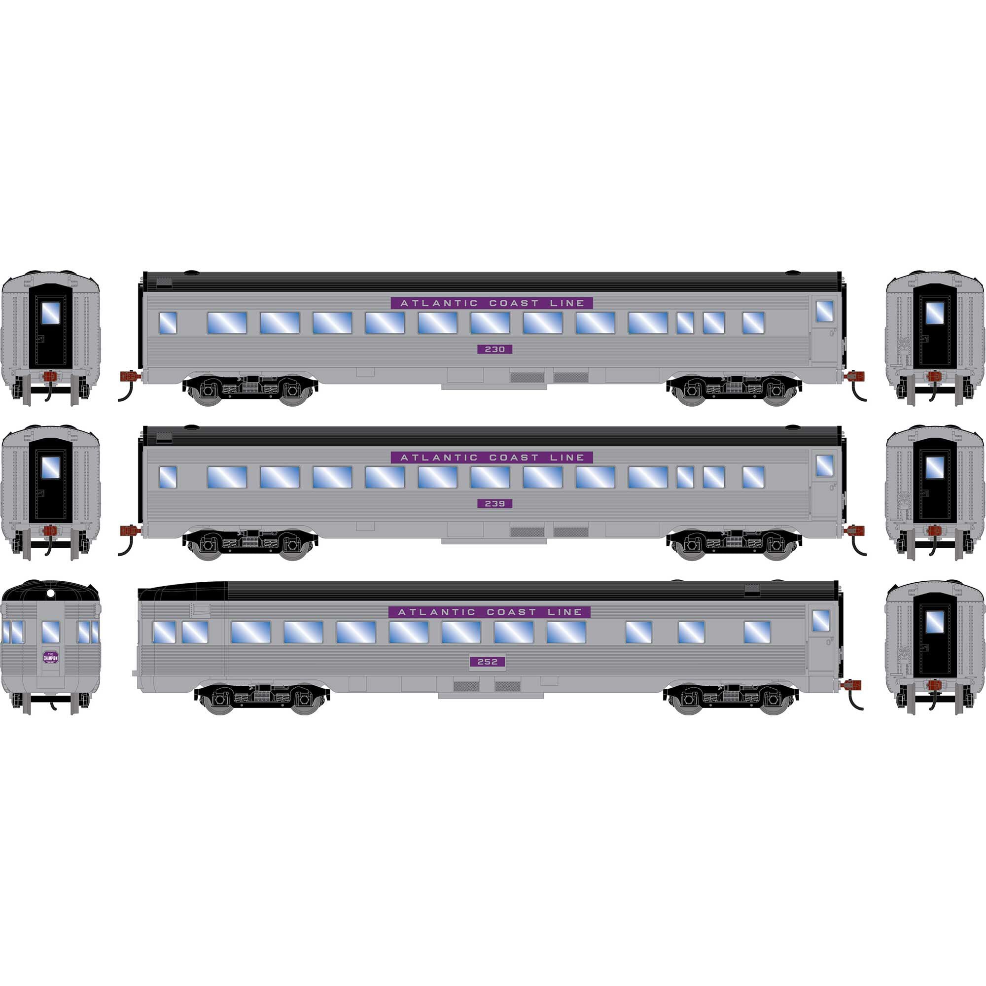 PREORDER Roundhouse HO 3538 Streamline Car Set, Atlantic Coast Line Coach #230/Coach #239//Observation #252 (3-Pack)
