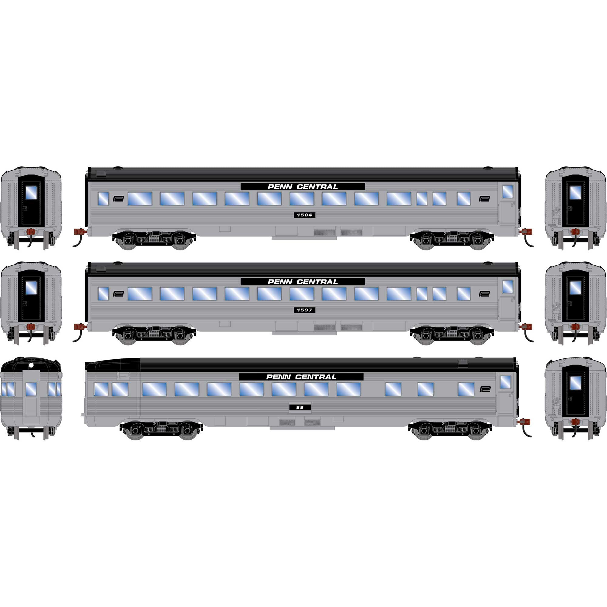 PREORDER Roundhouse HO 3542 Streamline Car Set, Penn Central Coach #1584/Coach #1597/Observation #99 (3-Pack)