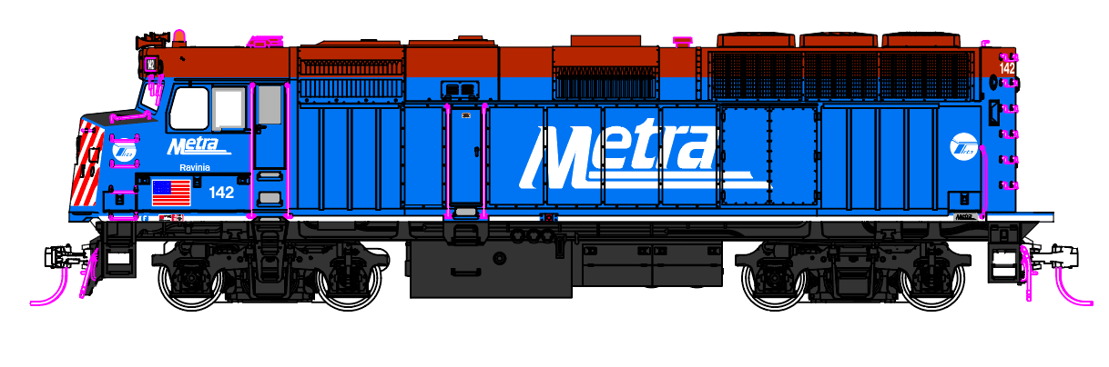 PREORDER Kato HO F40PH with Ditch Lights, Chicago Metra Standard Paint Ravinia #142 (DCC & Sound Equipped)