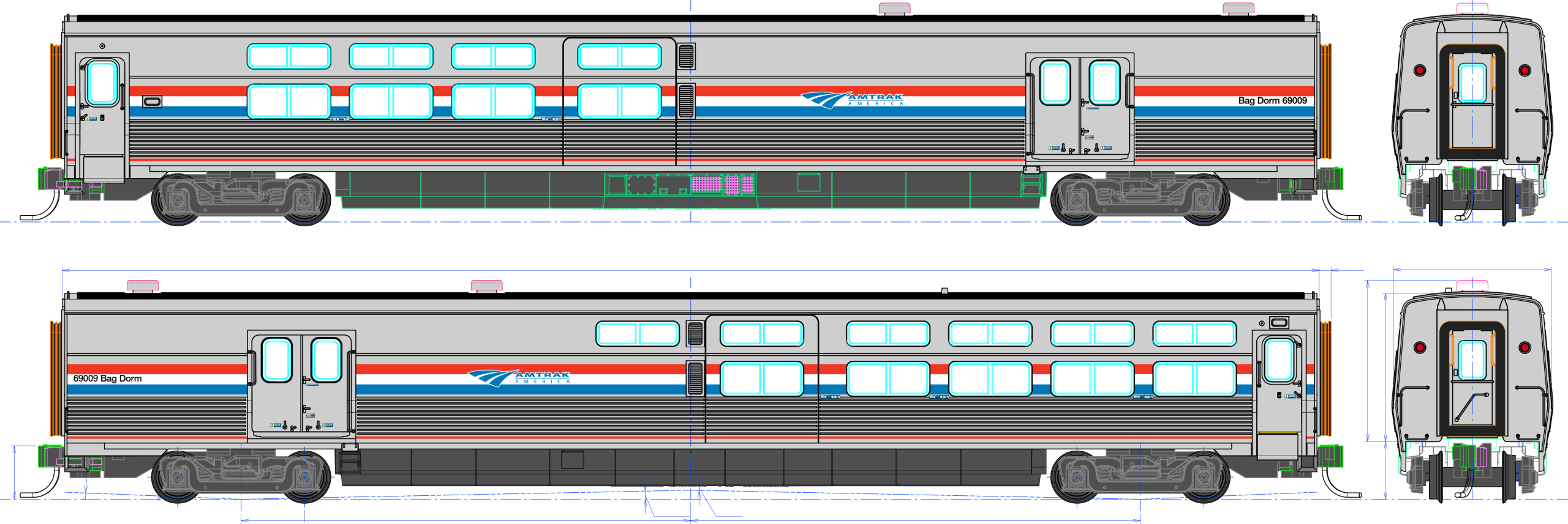 PREORDER Kato HO Viewliner II Baggage-Dorm with Interior Lighting, Amtrak Phase III #69004