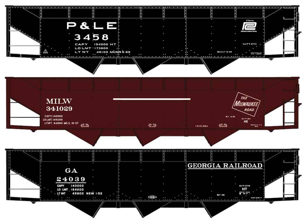 PREORDER Accurail HO 8185 70-Ton Offset Triple Hopper Kit, Pittsburgh & Lake Erie/Milwaukee Road/Georgia (3-Pack)