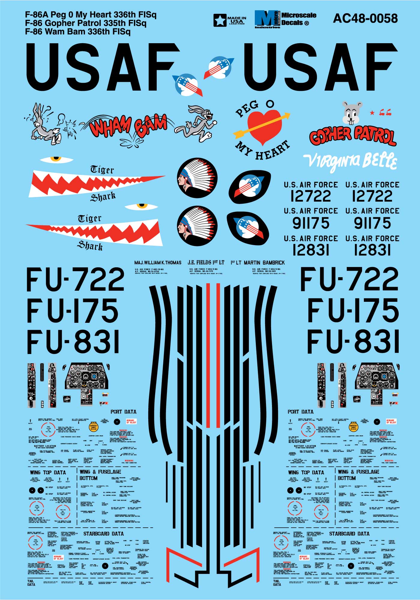 Microscale 1/48 AC48-0058 Military Aircraft Decal Set, F-86A Peg 0 My Heart 336th F-86 Gopher 335th F-86 Wam Bam 336th FISq