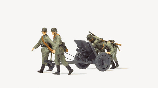 Preiser Kg 16602 Artillery PAK L/45 3.7cm Anti-Tank Gun w/4-Man Crew - Former German Army WWII, HO Scale