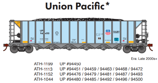 PREORDER Athearn ATH-1044 HO Ortner 5-Bay Hopper With Load, UP #94480 / 94485 / 94492 / 94496 / 94500