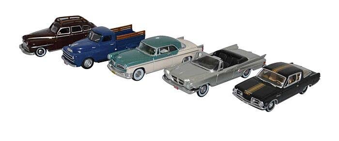Oxford Diecast HO 87SET003 Chrysler Centenary 5-Vehicle Set, Assembled, 1946 DeSoto, 1948 B-1B Pickup, 1955 New Yorker, 1961 300, 1965 Barracuda