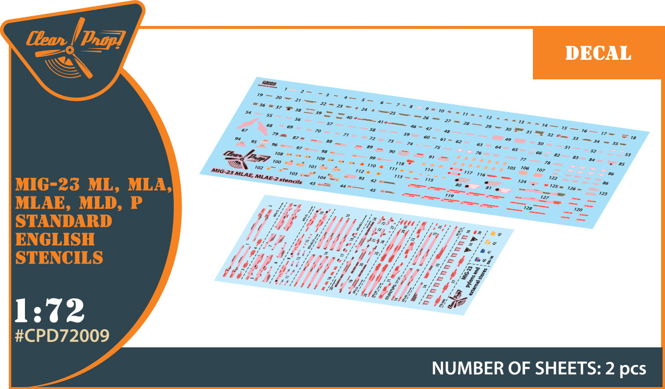 Clear Prop 1/72 MiG-23ML, MLA, MLD, P, MLAE standard english stencils, for Clear Prop and other