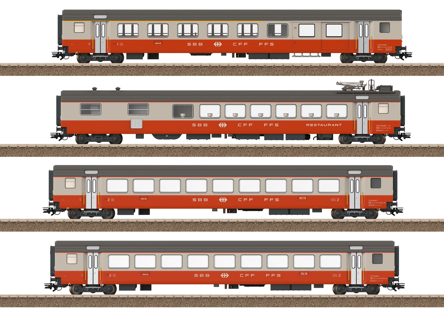 PREORDER Minitrix HO 23690 Type AD Combine, Type WR Diner, 2 Type B Coaches, Swiss Federal Railways (4-Pack)