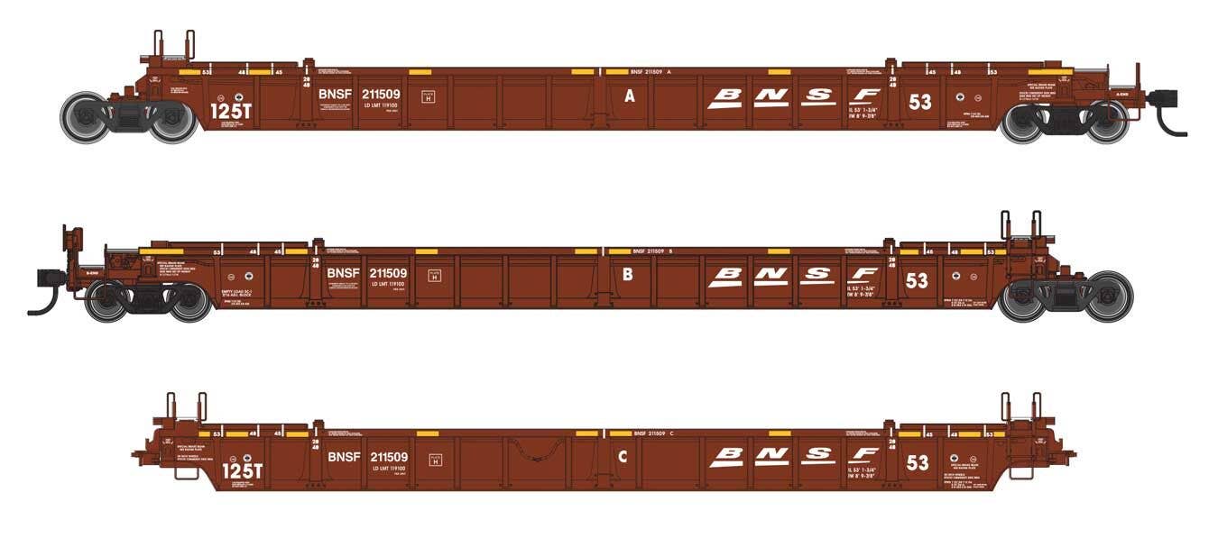 PREORDER Walthers Mainline HO 910-55817 NSC Articulated 3-Unit 53' Well Car, Burlington Northern Santa Fe #211509