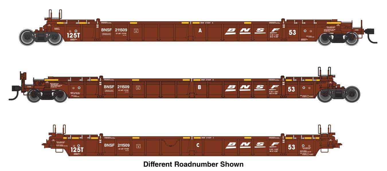 PREORDER Walthers Mainline HO 910-55818 NSC Articulated 3-Unit 53' Well Car, Burlington Northern Santa Fe #211524