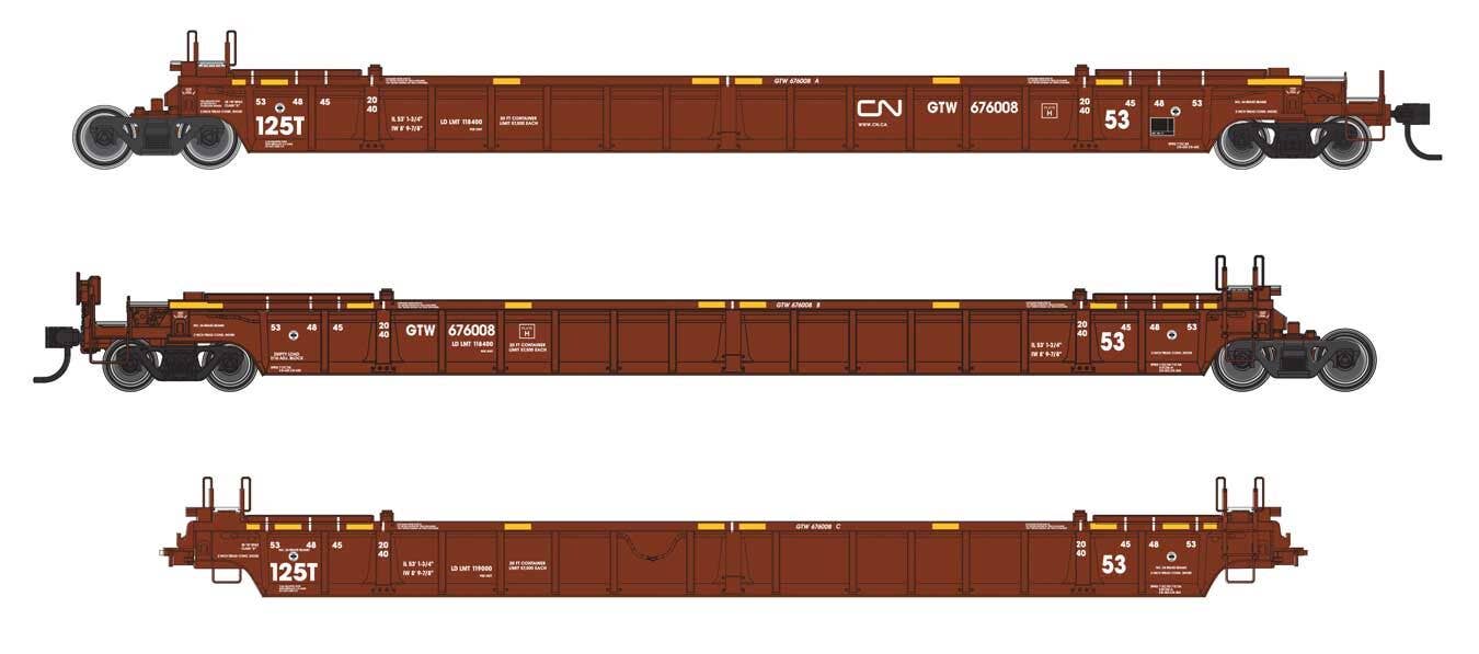 PREORDER Walthers Mainline HO 910-55820 NSC Articulated 3-Unit 53' Well Car, Canadian National GTW #676008