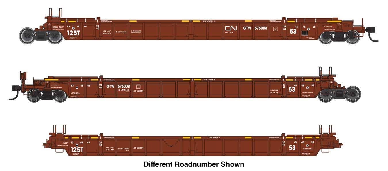 PREORDER Walthers Mainline HO 910-55821 NSC Articulated 3-Unit 53' Well Car, Canadian National GTW #676037
