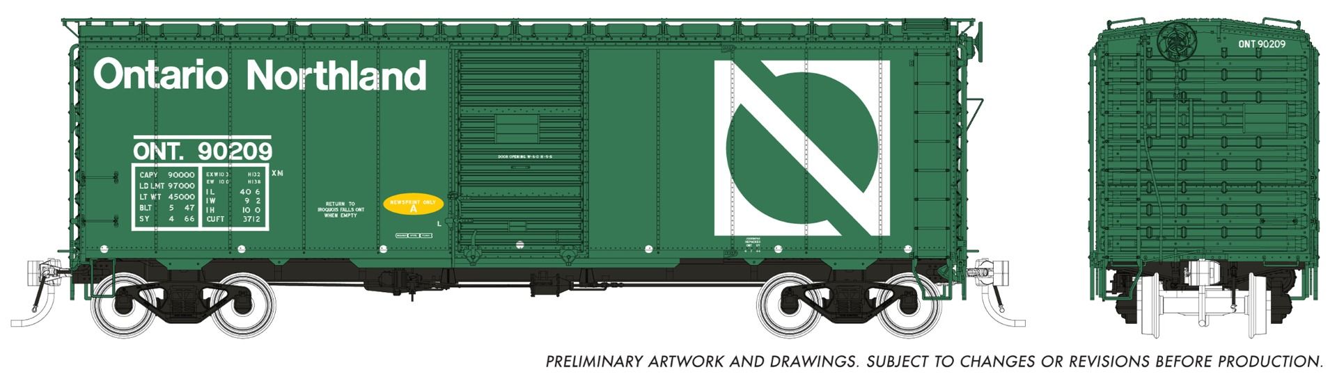 PREORDER Rapido HO 182002 1937 AAR 40' Boxcar CN Version, Ontario Northland Progressive Scheme (6-Pack)