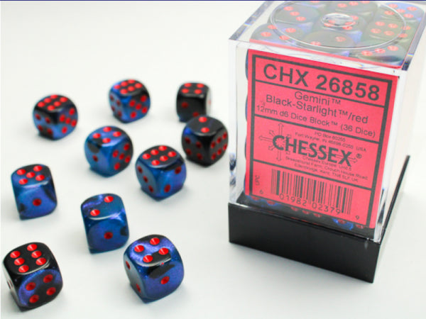 Chessex Dice Sets: Gemini # 7 12mm d6 Black-Starlight/red (36)