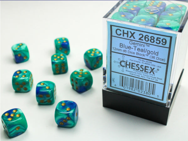 Chessex Dice Sets: Gemini # 7 12mm d6 Blue-Teal/gold (36)