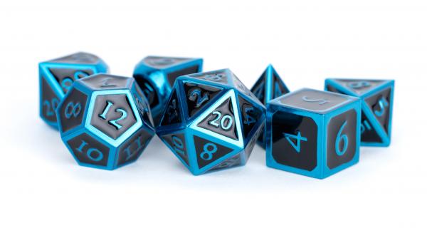 Metallic Dice Set: 16mm Polyhedral Blue with Black Enamel (7)