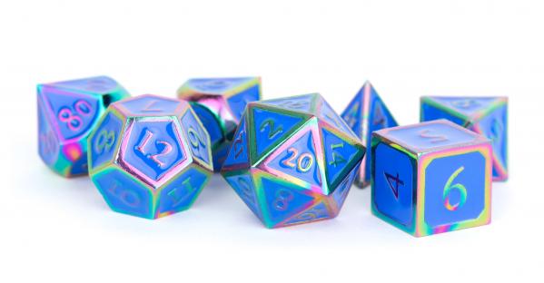 Metallic Dice Set: 16mm Polyhedral Rainbow with Blue Enamel (7)