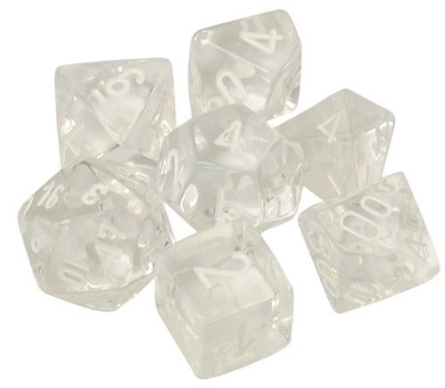 Chessex RPG Dice Sets: Translucent Polyhedral Clear w/white numbers 7-Die Set