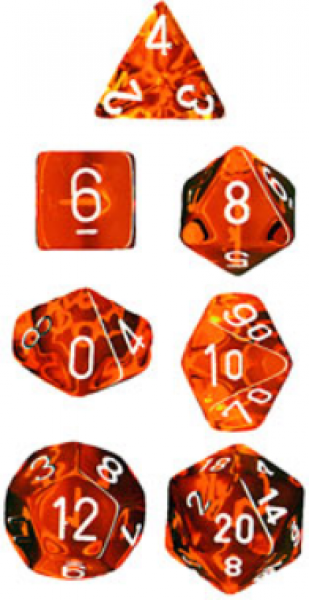 Chessex RPG Dice Sets: Translucent Polyhedral Orange w/white numbers 7-Die Set