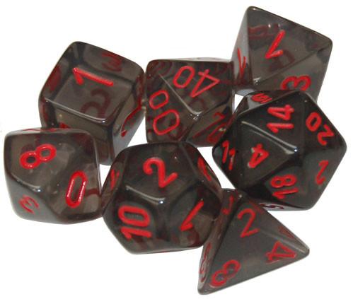 Chessex RPG Dice Sets: Translucent Polyhedral Smoke w/red numbers 7-Die Set