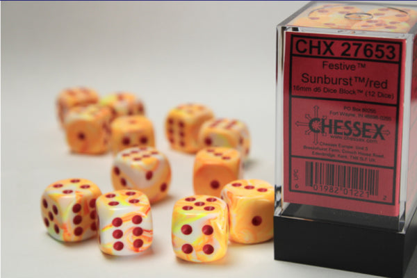 Chessex Dice Sets: Menagerie #10 - Festive Sunburst w/red 16mm d6 Dice Block (12)