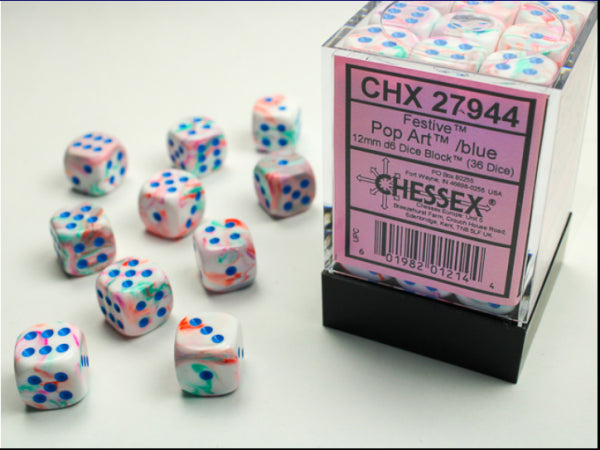 Chessex Dice Sets: Menagerie #10 - Festive Pop-Art w/blue 12mm d6 Dice Block (36)