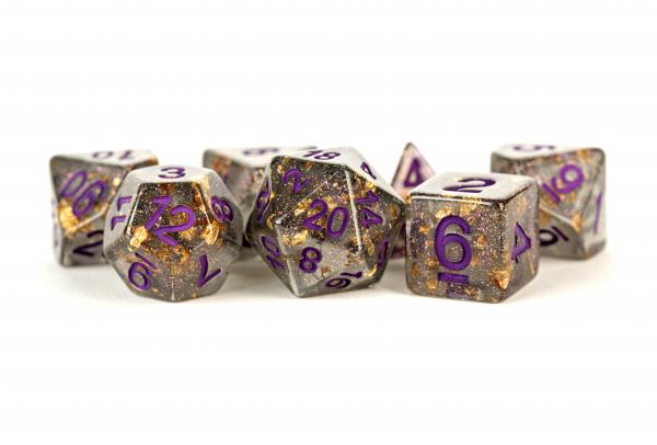 Polyhedral Dice Set: (Resin) Grey with Gold Foil, Purple Numbers (7 die set)