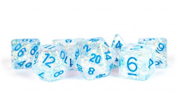 Polyhedral Dice Set: (Resin) Flash Dice Poly Set - Clear w/ Light Blue Numbers 7-die set (16mm)