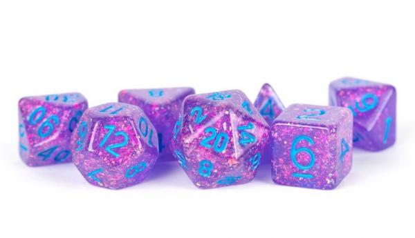 Polyhedral Dice Set: (Resin) Flash Dice Poly Set - Purple w/ Light Blue Numbers 7-die set (16mm)