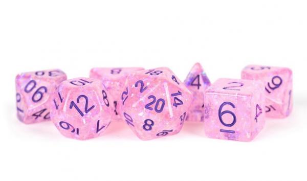 Polyhedral Dice Set: (Resin) Flash Dice Poly Set - Pink w/ Purple Numbers 7-die set (16mm)