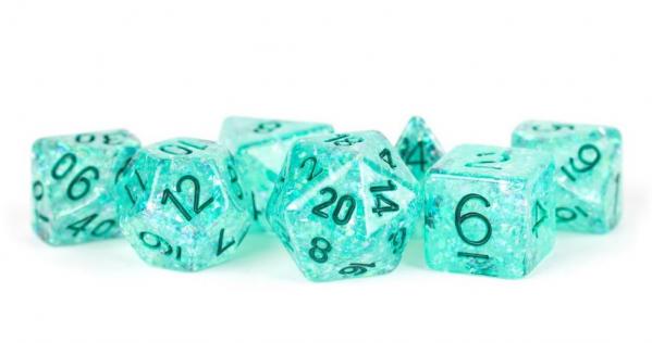 Polyhedral Dice Set: (Resin) Flash Dice Poly Set - Teal w/ Green Numbers 7-die set (16mm)