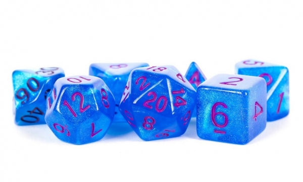 Acrylic Dice Set: 16mm Stardust - Blue with Purple Numbers