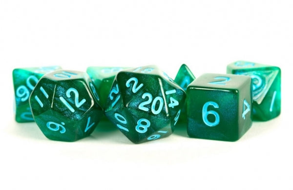 Acrylic Dice Set: 16mm Stardust - Green with Blue Numbers