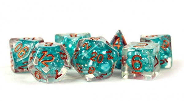 Polyhedral Dice Set: (Resin) Pearl Dice Poly Set - Teal w/ Copper Numbers 7-die set (16mm)