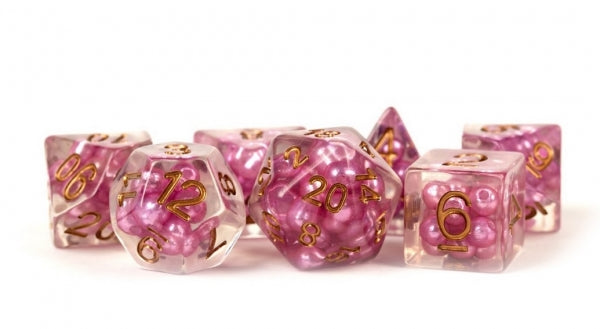Polyhedral Dice Set: (Resin) Pearl Dice Poly Set - Pink w/ Copper Numbers 7-die set (16mm)