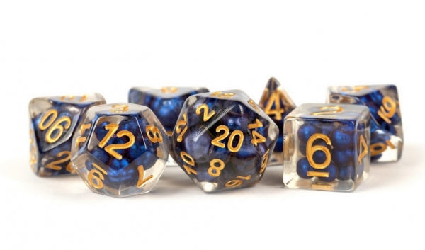 Polyhedral Dice Set: (Resin) Pearl Dice Poly Set - Royal Blue w/ Gold Numbers 7-die set (16mm)