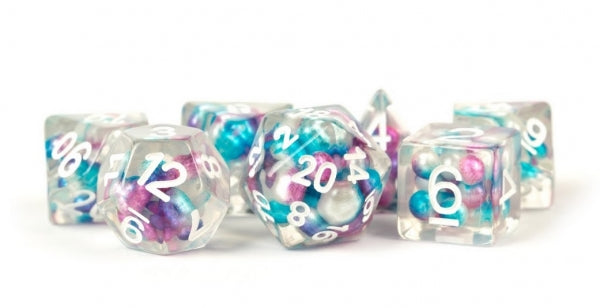 Polyhedral Dice Set: (Resin) Pearl Dice Poly Set - Gradient Purple / Teal / White 7-die set (16mm)