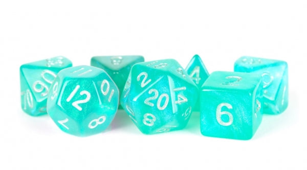 Acrylic Dice Set: 16mm Stardust - Turquoise with White Numbers