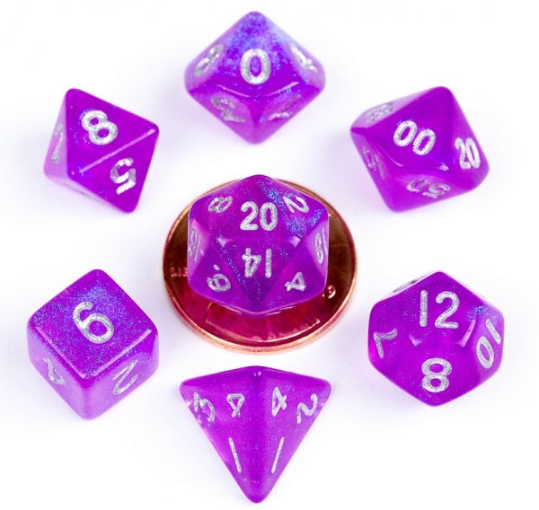 Mini Polyhedral Dice Set: (10mm) Mini Stardust Purple (7)