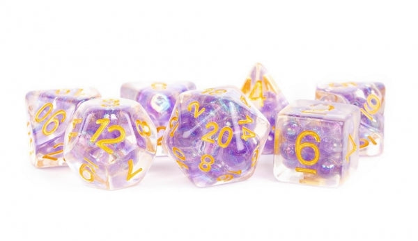 Polyhedral Dice Set: (Resin) Pearl Purple Poly Set - Purple w/ Gold Numbers 7-die set (16mm)