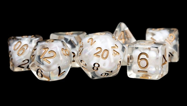 Polyhedral Dice Set: (Resin) Pearl Poly Set - Pearl w/ Copper Numbers 7-die set (16mm)
