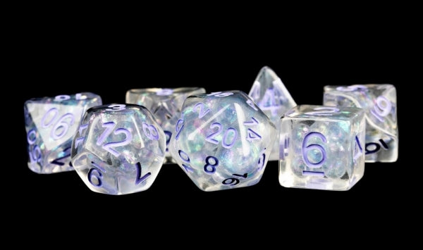 Polyhedral Dice Set: (Resin) Pearl Poly Set - Pearl w/ Purple Numbers 7-die set (16mm)