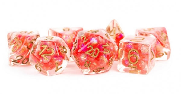 Polyhedral Dice Set: (Resin) Pearl Poly Set - Pearl Red w/ Copper Numbers 7-die set (16mm)