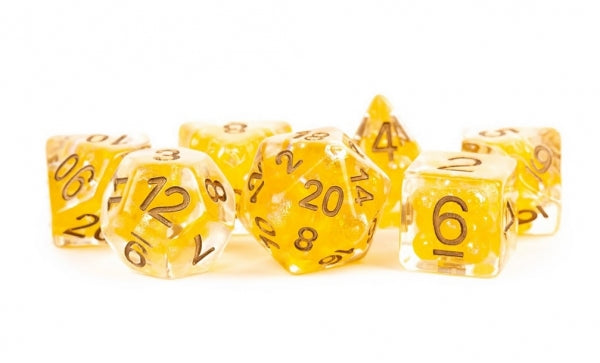 Polyhedral Dice Set: (Resin) Pearl Poly Set - Pearl Citrine w/ Copper Numbers 7-die set (16mm)