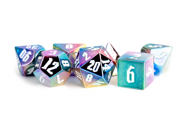 Aluminum Plated Acrylic 16mm Poly Dice Set - Rainbow Aegis w/ White Numbers